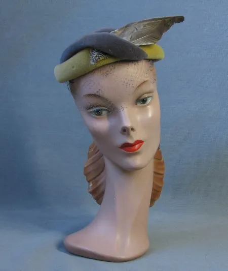 40s Pillbox Hat Rose Valois Reproduction 30s Vintage Feather Wing Accent Women's VFG Paris