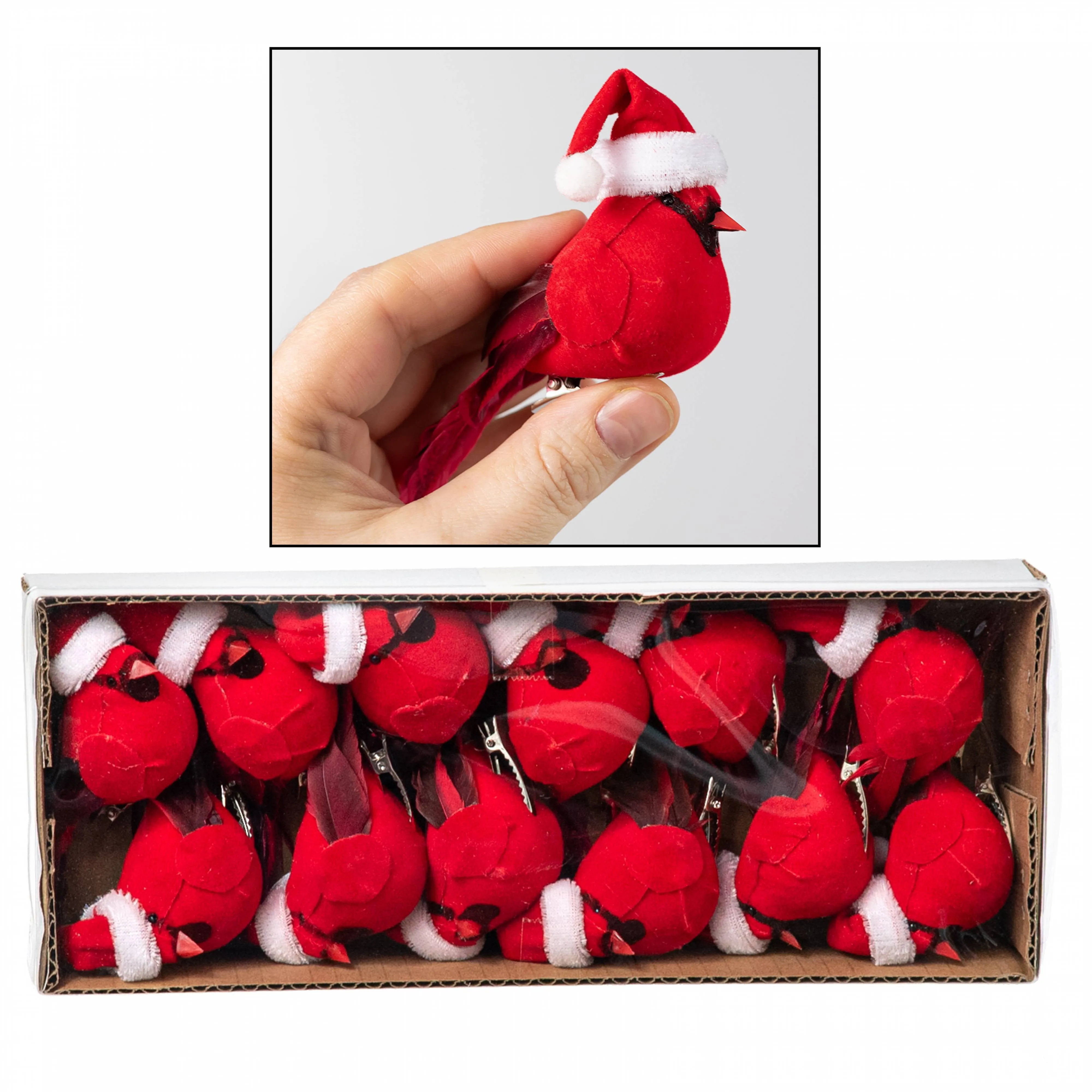 4" Velvet & Feather Santa Hat Cardinal Clip Ornaments (Box of 12)