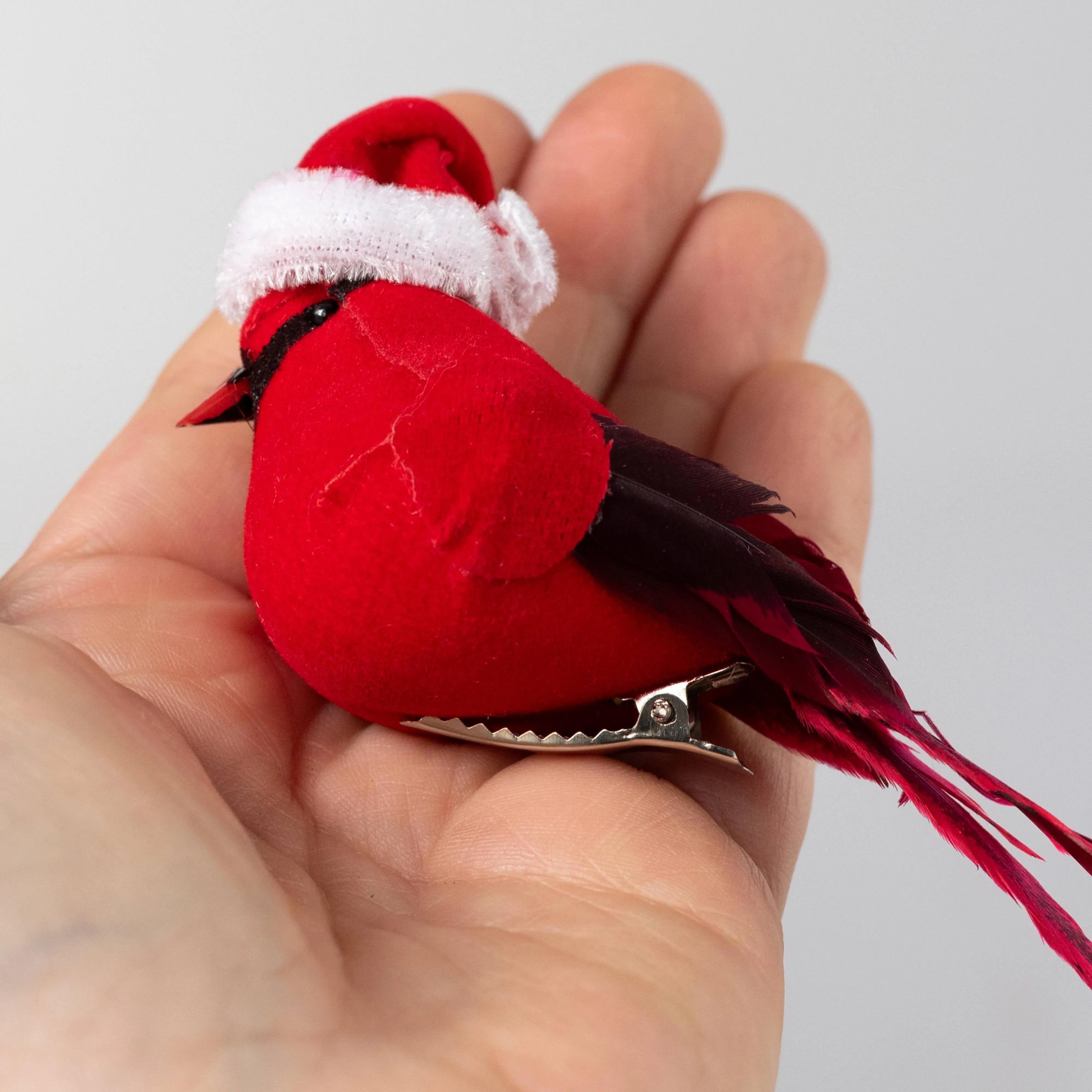 4" Velvet & Feather Santa Hat Cardinal Clip Ornaments (Box of 12)