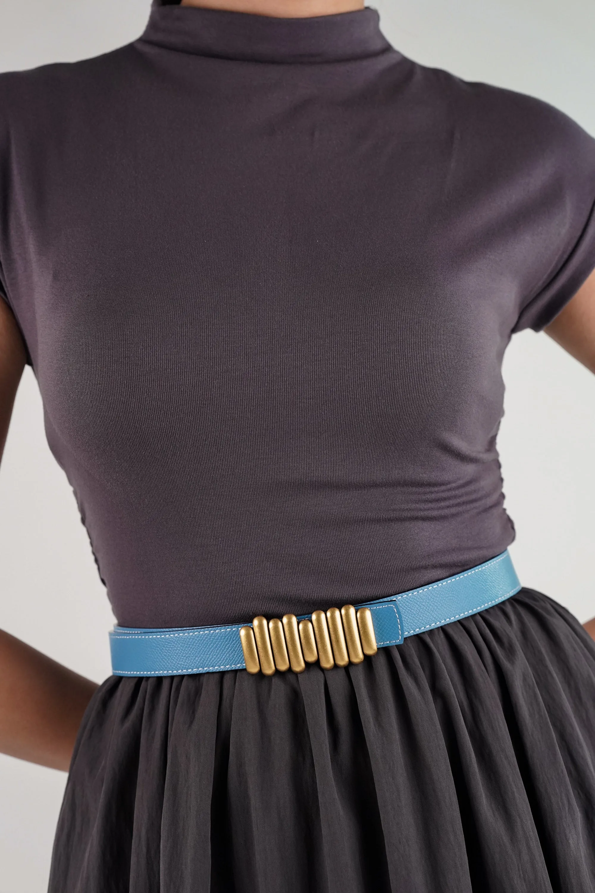 Beige Blue Bar  Reversible Buckle Belt