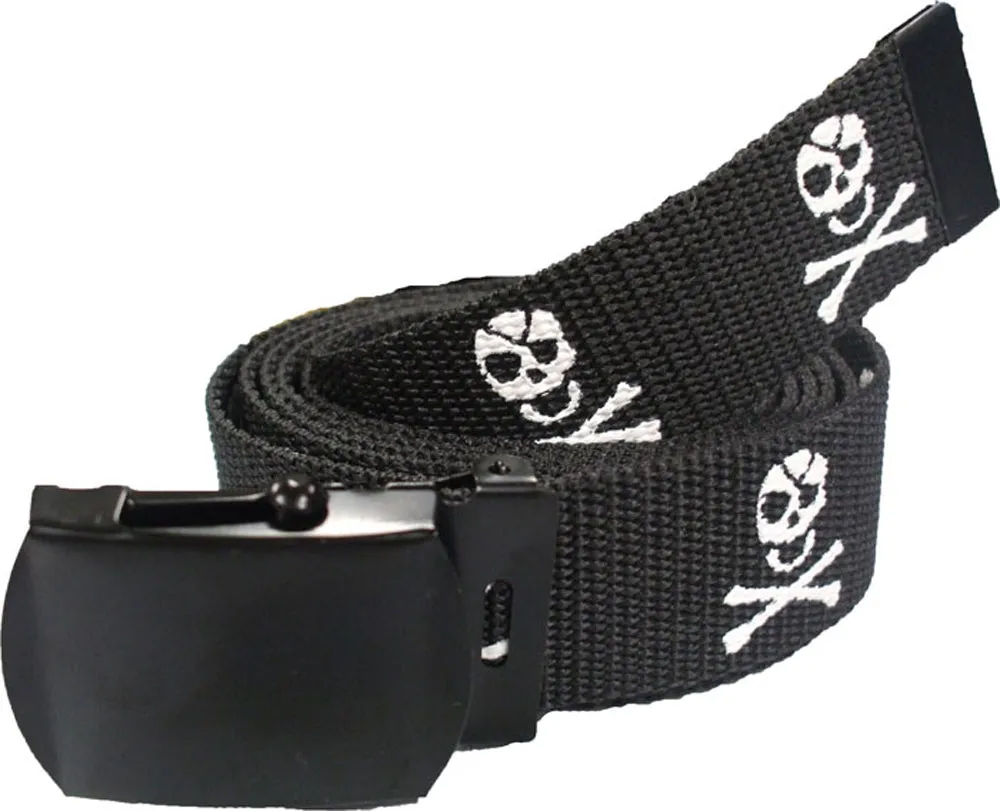 Black Military Web Belt with Skulls & Crossbones Jolly Roger Emblem 54"