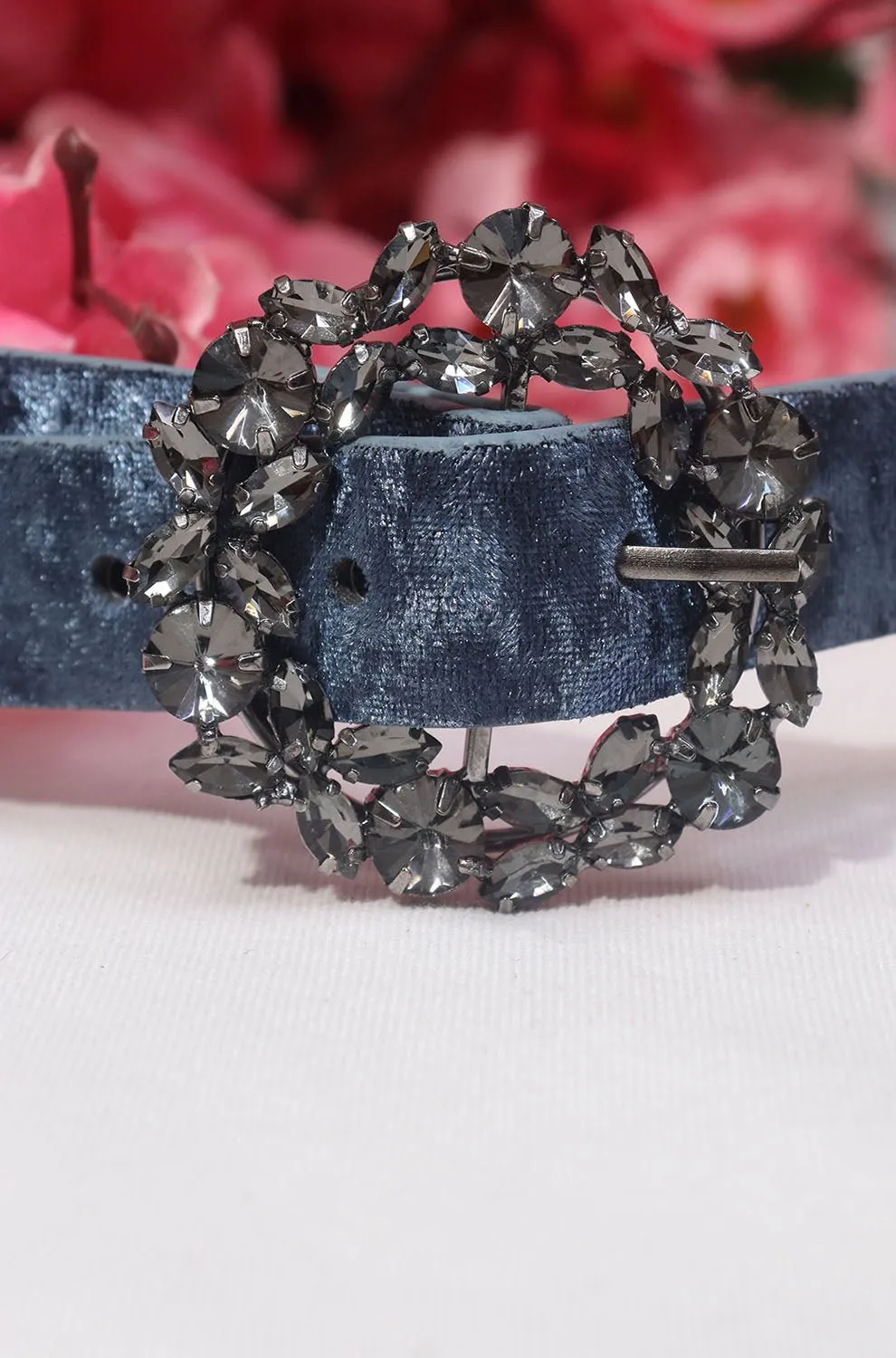 Blue Rhinestone Velvet Buckle Belt - Elegant Accessory for Any Outfit