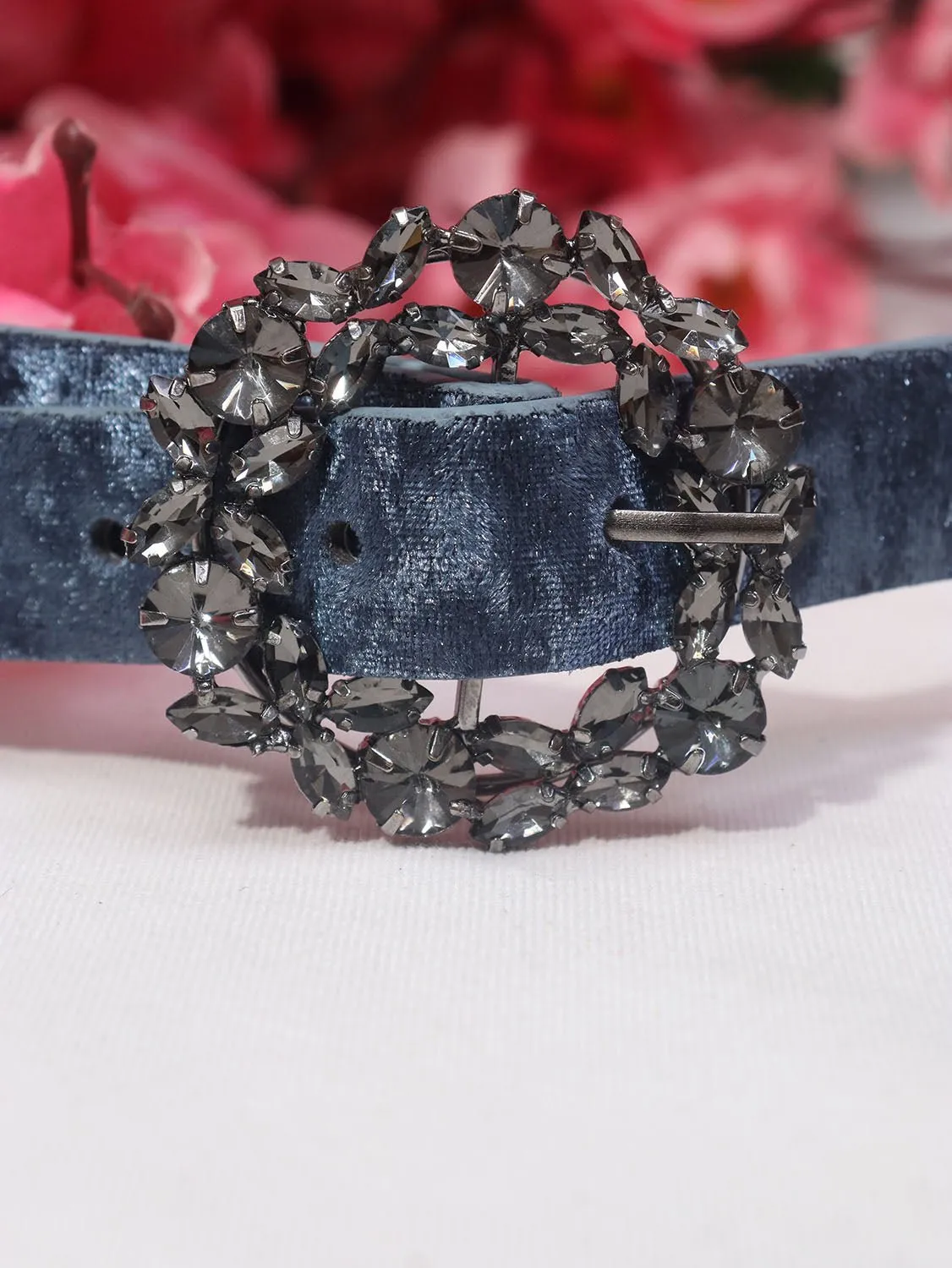 Blue Rhinestone Velvet Buckle Belt - Elegant Accessory for Any Outfit