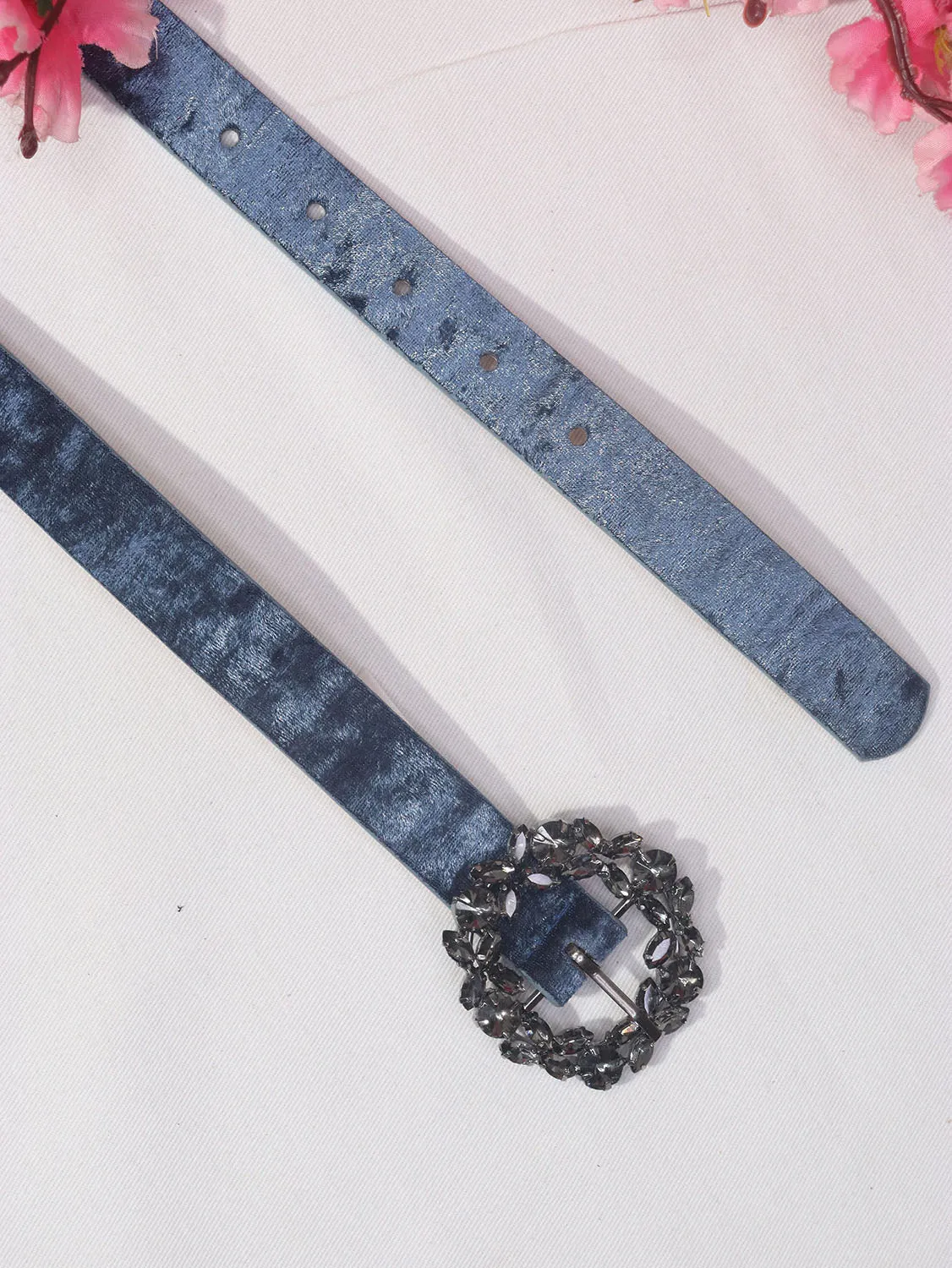 Blue Rhinestone Velvet Buckle Belt - Elegant Accessory for Any Outfit