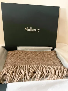 BRAND NEW IN BOX MULBERRY BROWN WEAVE 100% ALPACA FRINGED SCARF