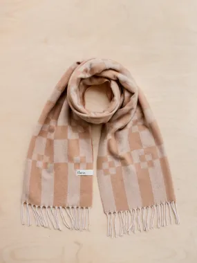 Cashmere and merino oversized scarf in camel geometric block