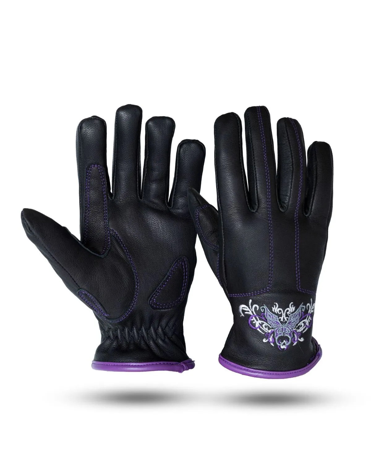 Dream Apparel Purple & Silver Butterfly in a White Graphic Embroidered Leather Gloves