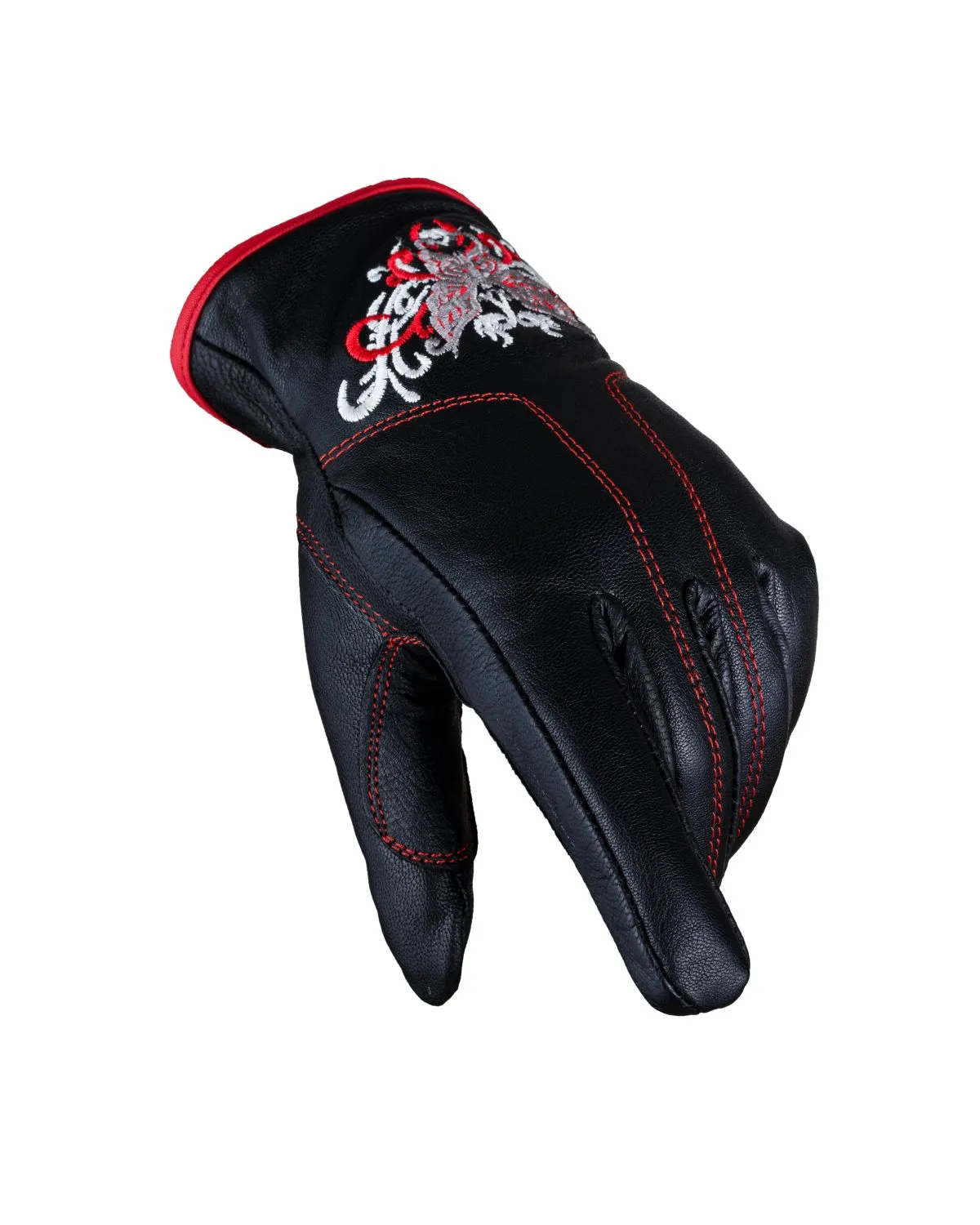 Dream Apparel Red & Silver Butterfly in a White Graphic Embroidered Leather Gloves