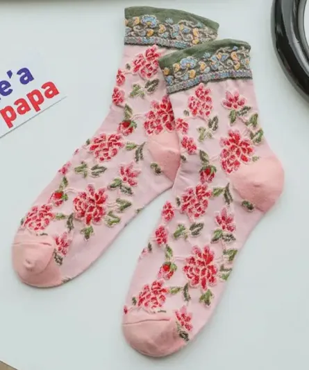 Embossed Flower Pattern Quarter Sock -Pink