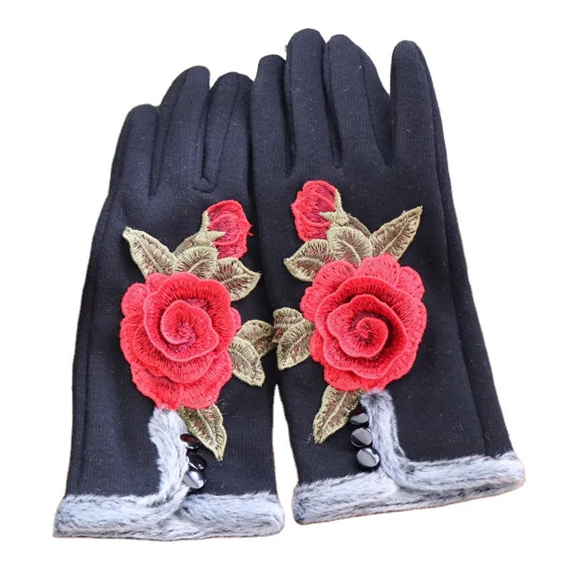 Ethnic Embroidery and Velvet Warm Embroidery Gloves Refer To Touch-screen Gloves and Velvet Cycling Five-finger Gloves