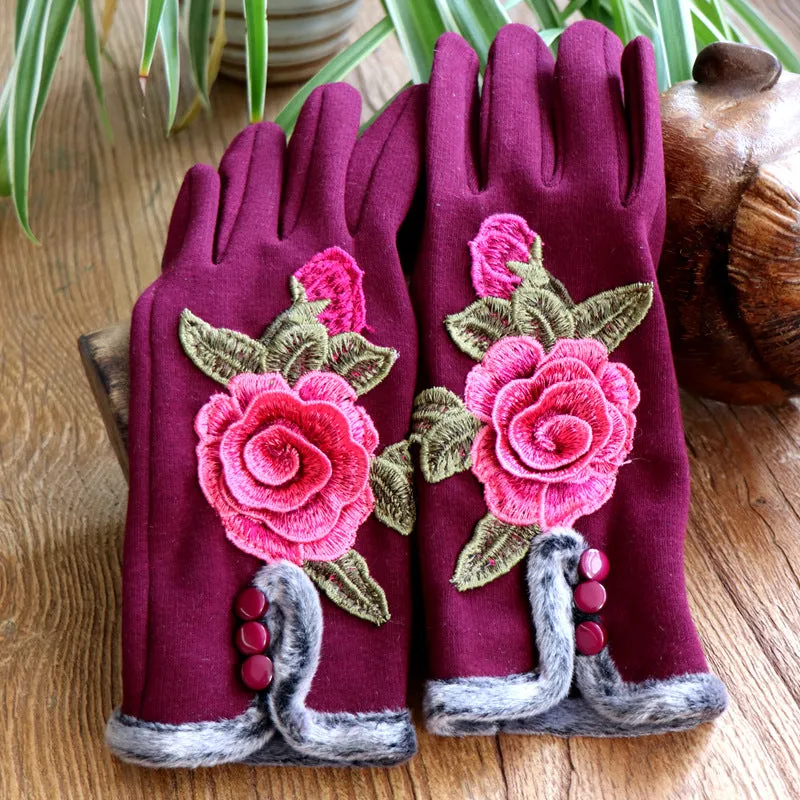 Ethnic Embroidery and Velvet Warm Embroidery Gloves Refer To Touch-screen Gloves and Velvet Cycling Five-finger Gloves