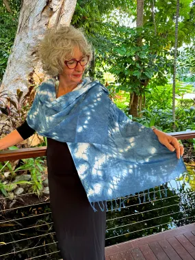 Fringed Indigo Shibori Cotton Scarf - Cloud