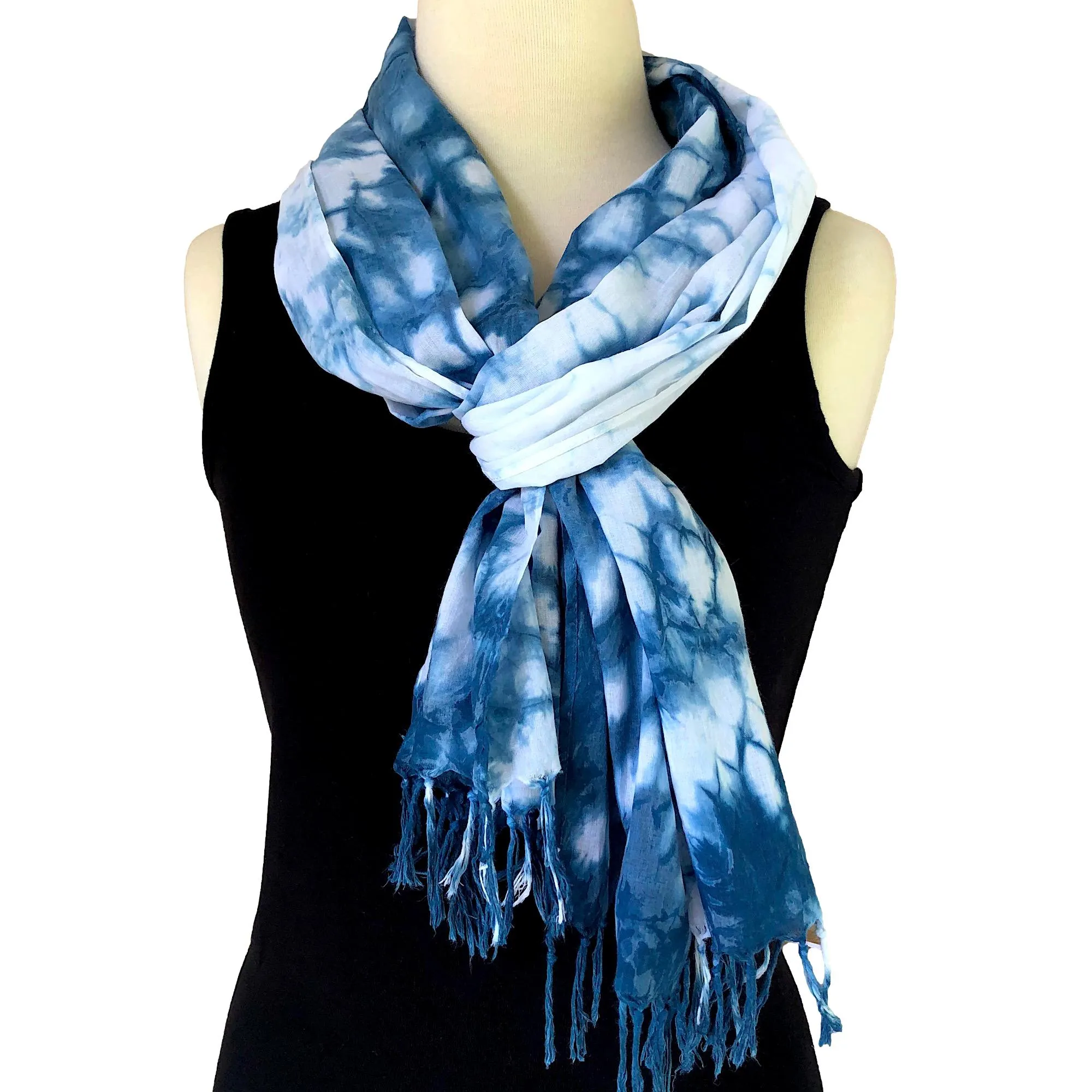 Fringed Indigo Shibori Cotton Scarf - Cloud