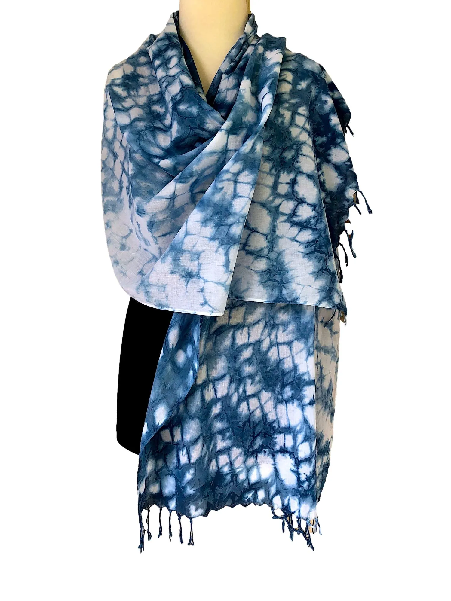 Fringed Indigo Shibori Cotton Scarf - Cloud