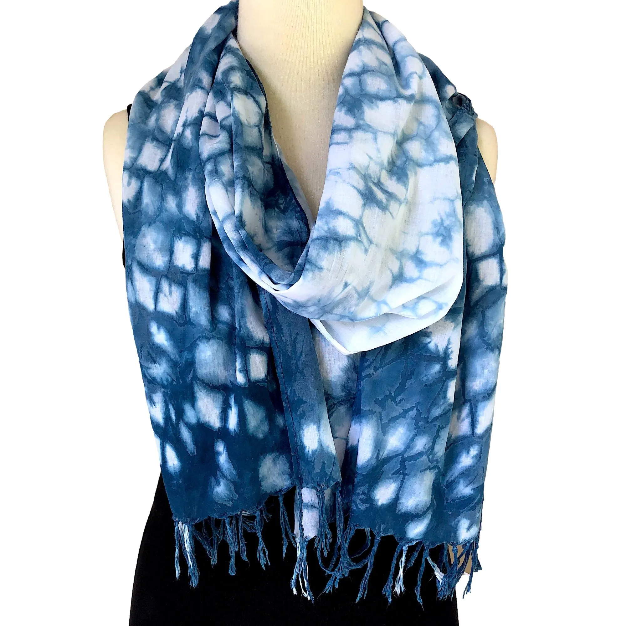 Fringed Indigo Shibori Cotton Scarf - Cloud