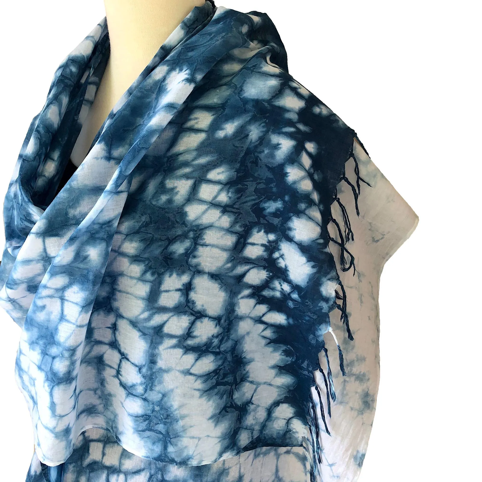 Fringed Indigo Shibori Cotton Scarf - Cloud