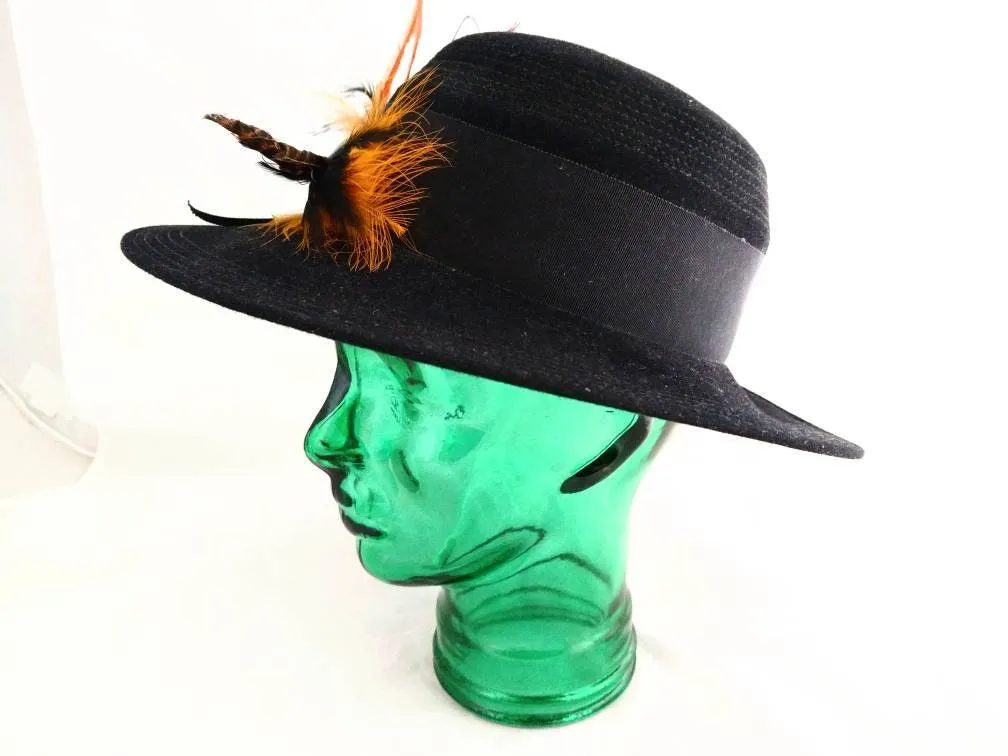 GEORGETTE Black Wide Brim Hat – Fur Felt, Feathered Side Accent, Elegant Vintage Hat, Made of Finest Imported Furfelt