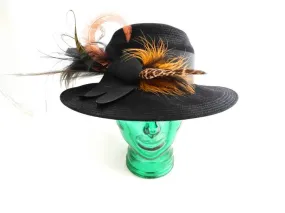 GEORGETTE Black Wide Brim Hat – Fur Felt, Feathered Side Accent, Elegant Vintage Hat, Made of Finest Imported Furfelt