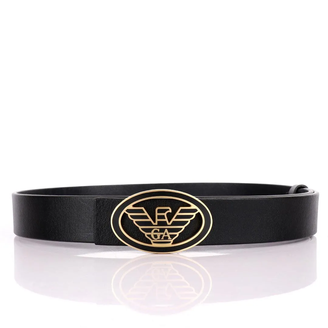 Giorgio Armani Golden Eagle In Oval Logo Genuine  Leather Black Belt