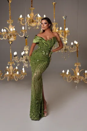 Green Embellished Dress with One Satin Shoulder