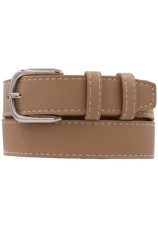 Greer Contrast Stitched Rectangle Buckle Belt Beige