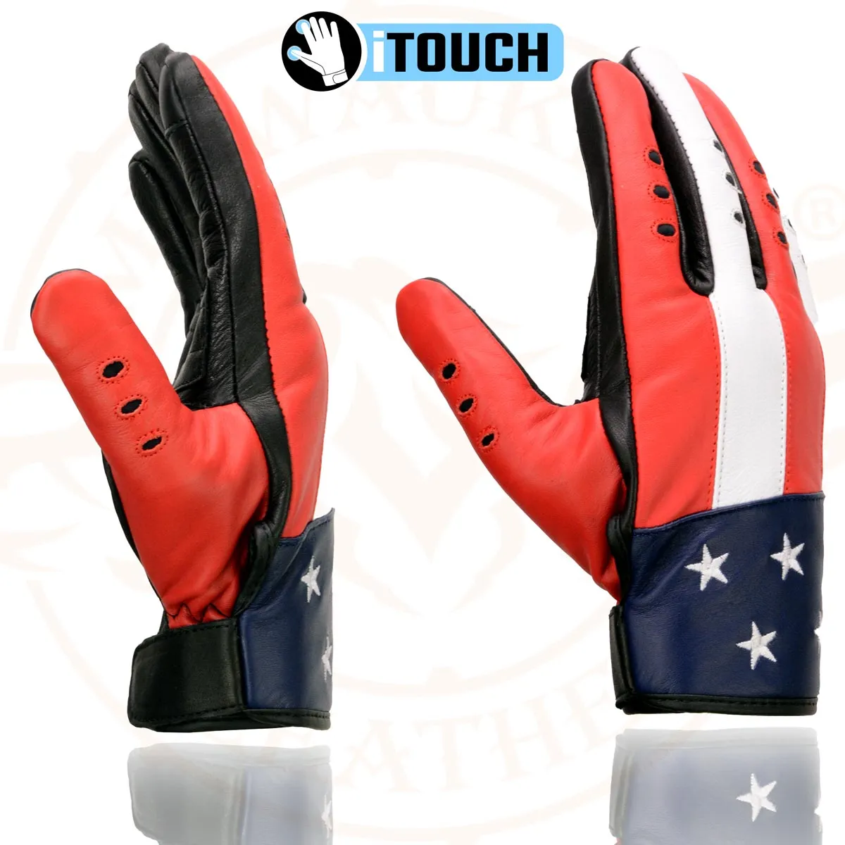 Milwaukee Leather MG7527 Men's Black Leather i-Touch Screen Compatible Motorcycle Hand Gloves w/ Stars and Stripes