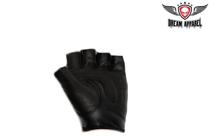 Motorcycle Fingerless Leather Gloves With Embroidered Black Flame