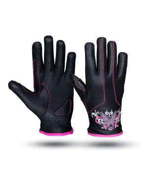 Pink & Siver Butterfly in a White Graphic Embroidered Leather Gloves