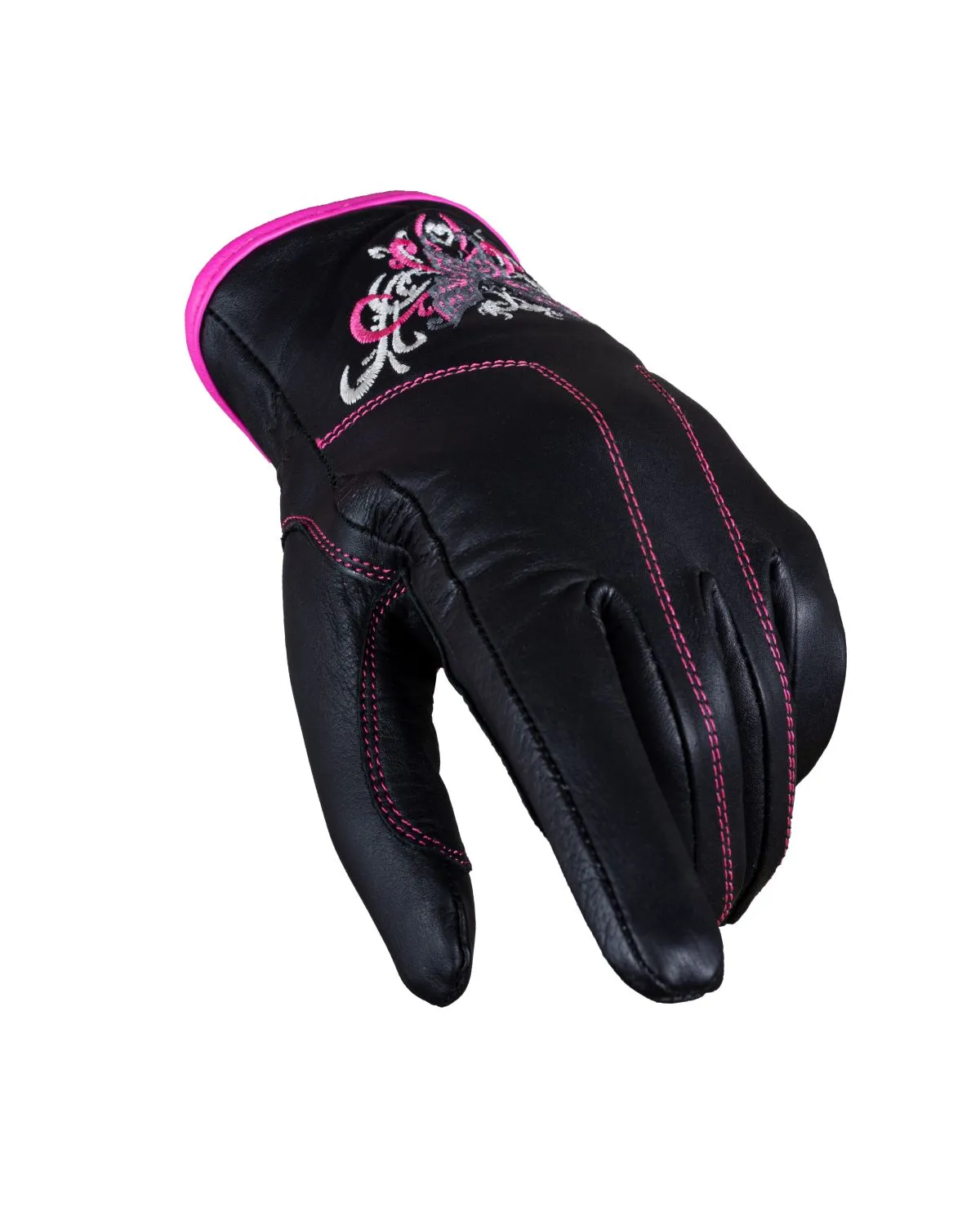 Pink & Siver Butterfly in a White Graphic Embroidered Leather Gloves