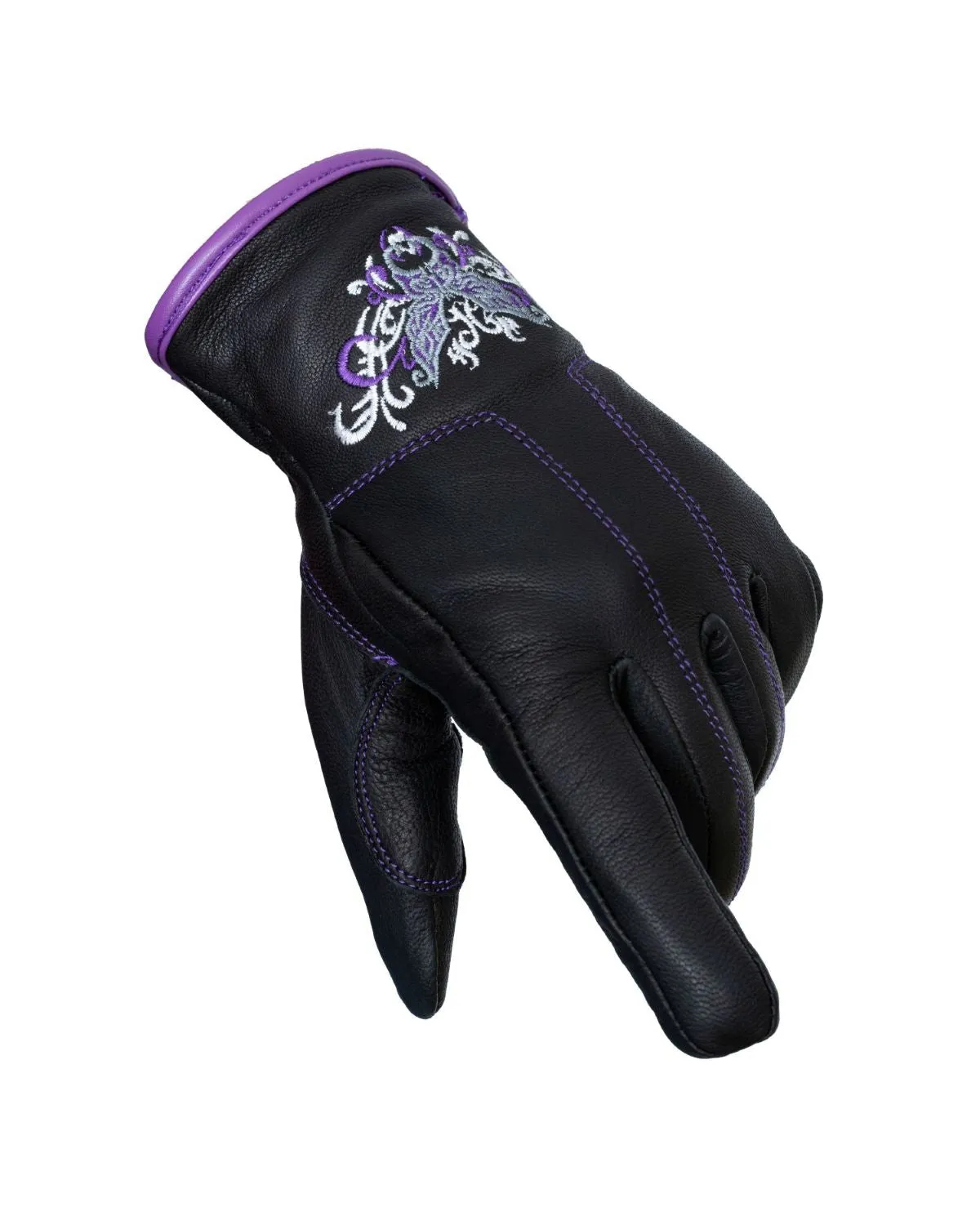 Purple & Siver Butterfly in a White Graphic Embroidered Leather Gloves