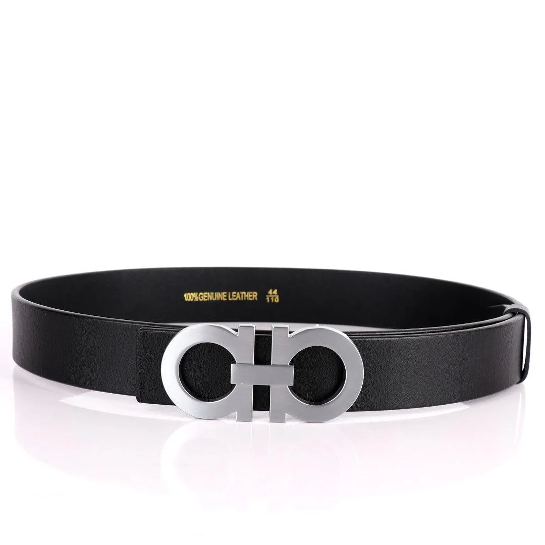 Salvatore Ferragamo Well Crafted Silver Designed Men's Leather Black Belt