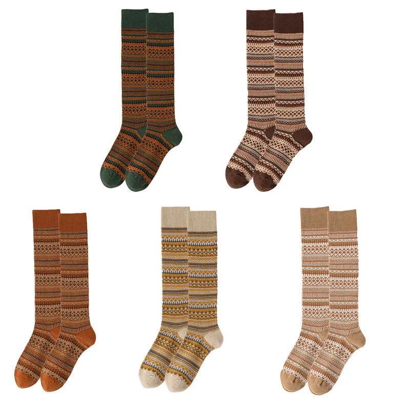 Sweetnana F/W Women's Knee High Socks, Vintage Fashion Stripe Socks, Cozy Warm Cotton Socks