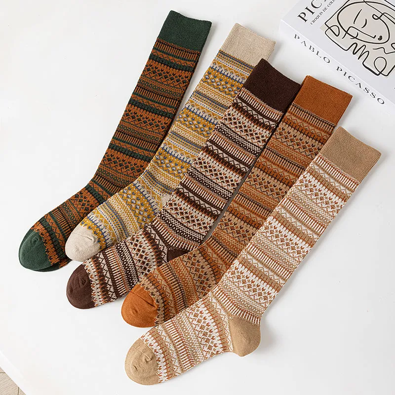 Sweetnana F/W Women's Knee High Socks, Vintage Fashion Stripe Socks, Cozy Warm Cotton Socks