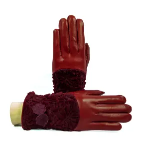 Women's bordeaux nappa leather gloves with floral embroidered fur on top