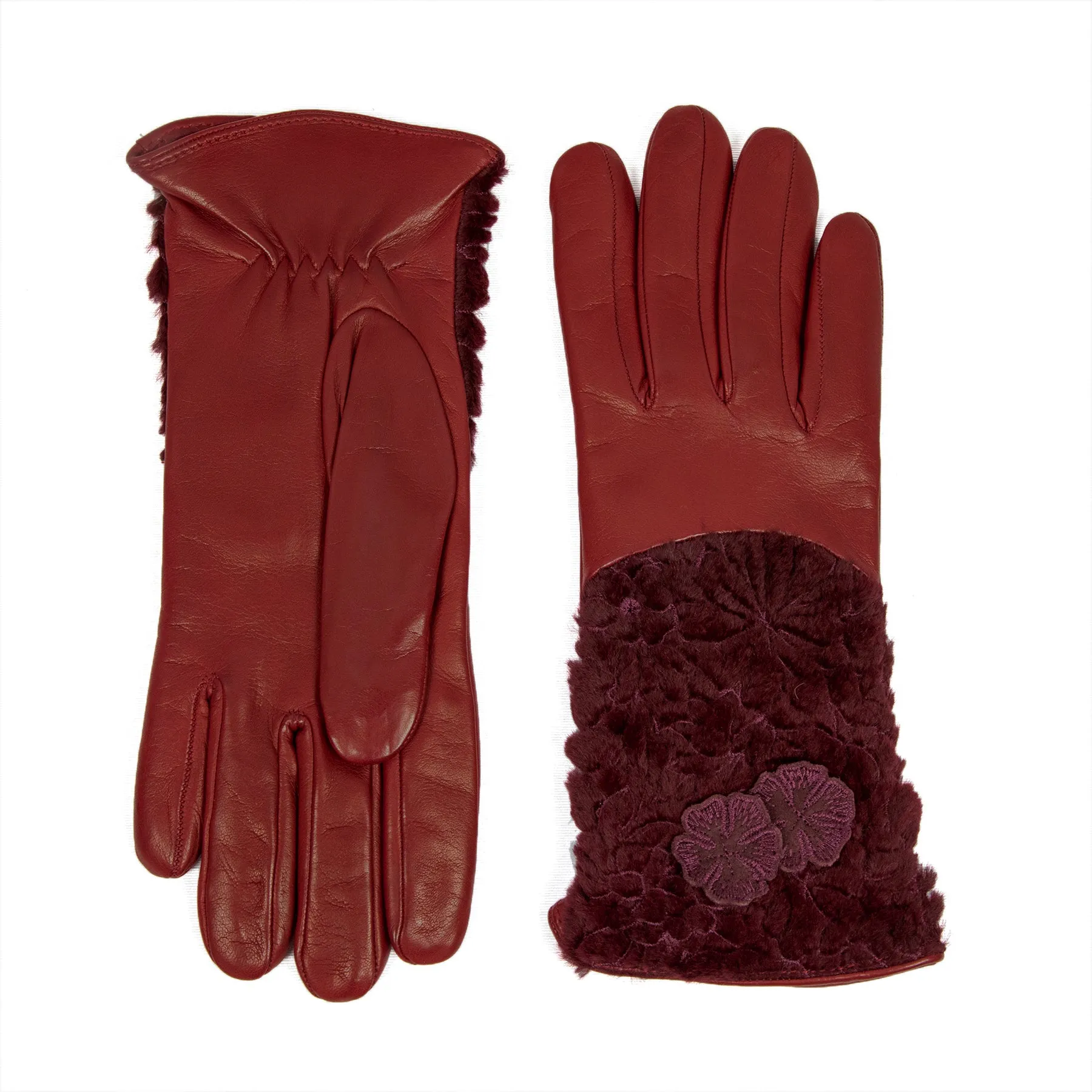 Women's bordeaux nappa leather gloves with floral embroidered fur on top